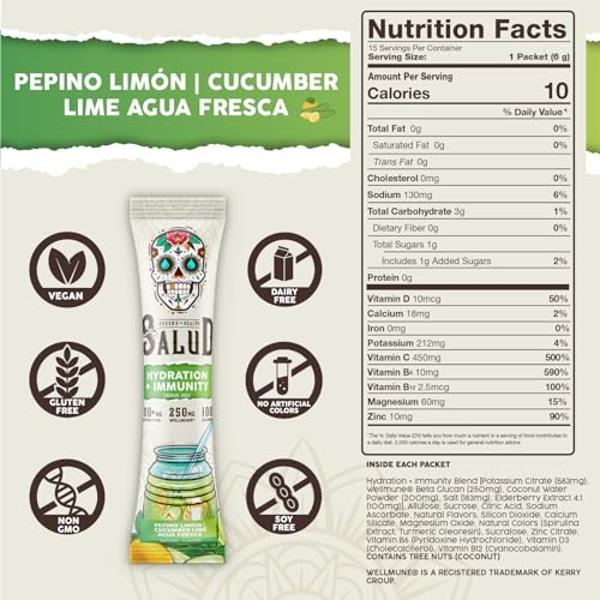 Salud 2-in-1 Hydration Packets + Immunity Electrolytes Powder, Cucumber Lime - Agua Fresca Drink Mix, Elderberry, Dairy & Soy Free, Non-GMO, Gluten Free, Vegan, Low Calorie, 1g Sug