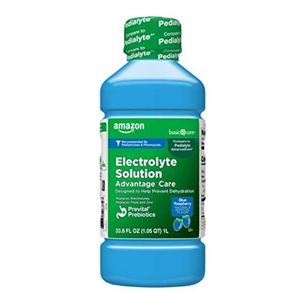 Amazon Basic Care Electrolyte Solution Advantage Care with PreVital Prebiotics, Blue Raspberry, Designed to Help Prevent Dehydration, Replaces Electrolytes, Fluid and Zinc, 33.8 fl