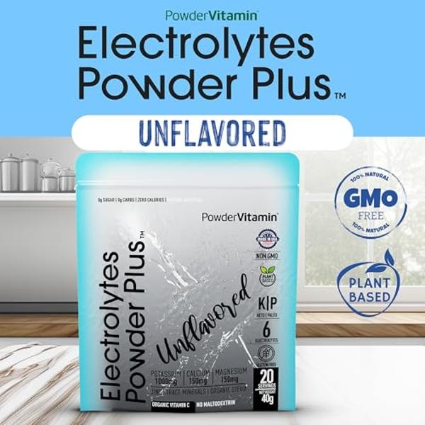 Electrolytes Powder Plus (20 Servings) Unflavored Electrolyte Powder Keto, Sugar Free, Pink Himalayan Salt.,1000mg Potassium,150mg Calcium,150mg Magnesium, Hydration Powder Organic