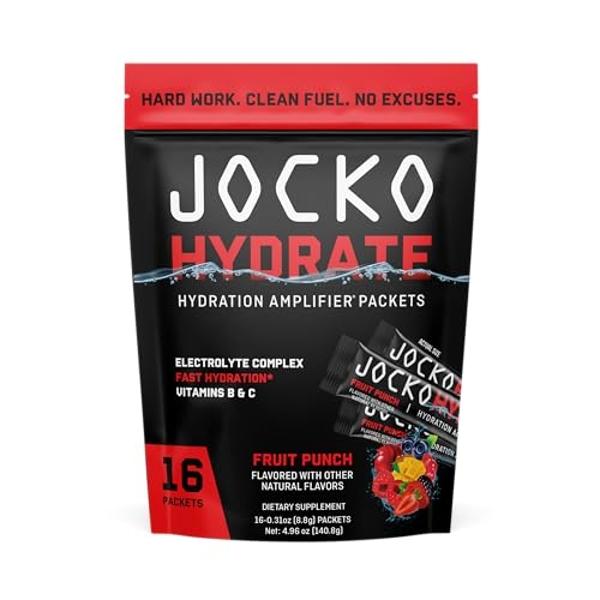 Jocko Fuel Hydrate Electrolytes Powder Packets Low Sugar - Hydration Amplifier Packets for Recovery, Dehydration, & Exercise - with Vitamins B6, B12 & C (16 Packets) Fruit Punch