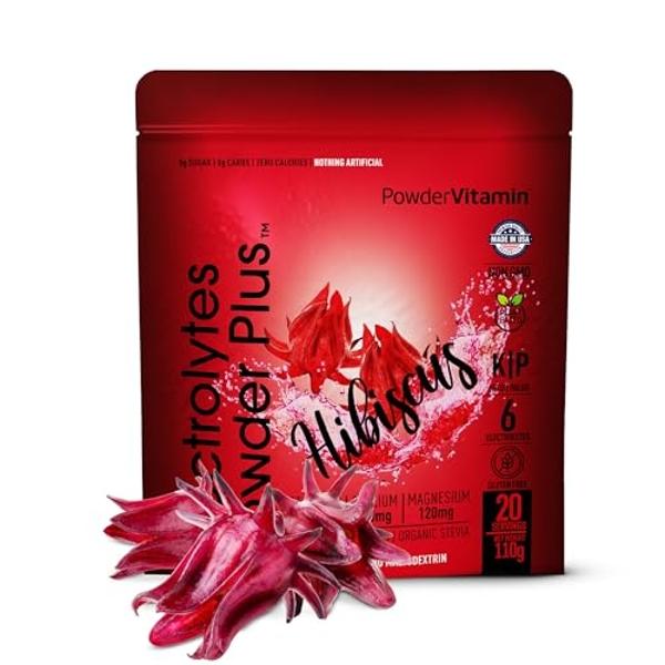 PowderVitamin Electrolytes Powder Plus (20 Servings) Hibiscus Electrolyte Powder, No Maltodextrin, Keto,Sugar Free,Pink Himalayan Salt,1000mg Potassium,120mg Calcium,120mg Magnesiu