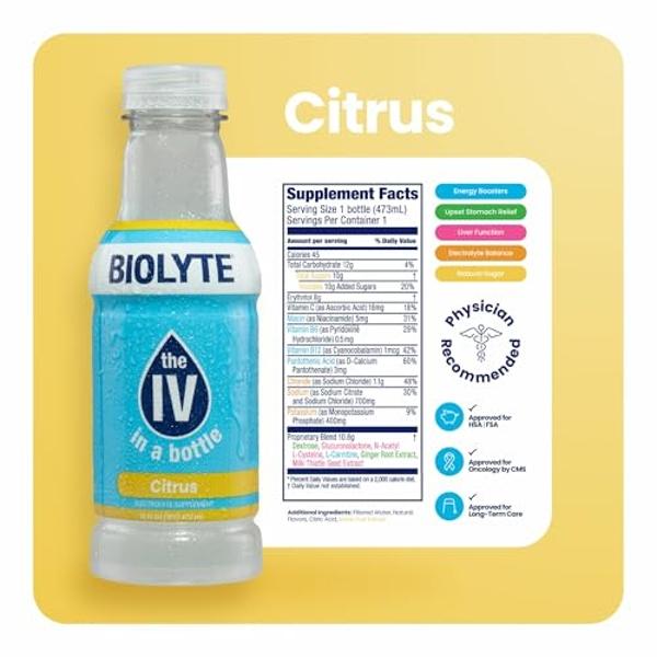 BIOLYTE Electrolyte Drink - Doctor-Formulated Hydration Drink, HSA & FSA Electrolytes Water, Chemotherapy Must Haves for Women and Men, Rehydration IV Liquid in a Bottle - Citrus, 