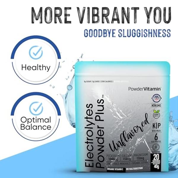 Electrolytes Powder Plus (20 Servings) Unflavored Electrolyte Powder Keto, Sugar Free, Pink Himalayan Salt.,1000mg Potassium,150mg Calcium,150mg Magnesium, Hydration Powder Organic