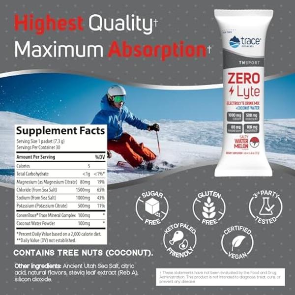 Trace Minerals ZeroLyte - Sodium & Electrolyte Replenishment - Energy & Hydration Support Drink Powder - Nerve & Muscle Function Support - Salty Watermelon, 30 Packets (30 Servings
