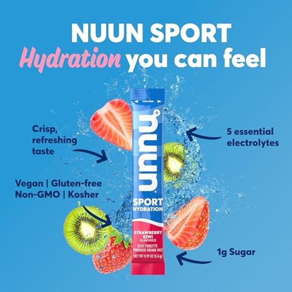 Nuun Sport Electrolyte Powder Packets with Magnesium, Calcium, Potassium, Chloride, and Sodium, Hydration Packets for On-the-Go, Strawberry Kiwi Flavor, Gluten Free & Vegan, 16 Sin