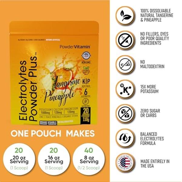 PowderVitamin Electrolytes Powder Plus (20 Servings) Tangerine Pineapple Electrolyte Powder Zero Calorie Keto,0Sugar,No Maltodextrin,1000mg Potassium,120mg Calcium,120mg Magnesium,