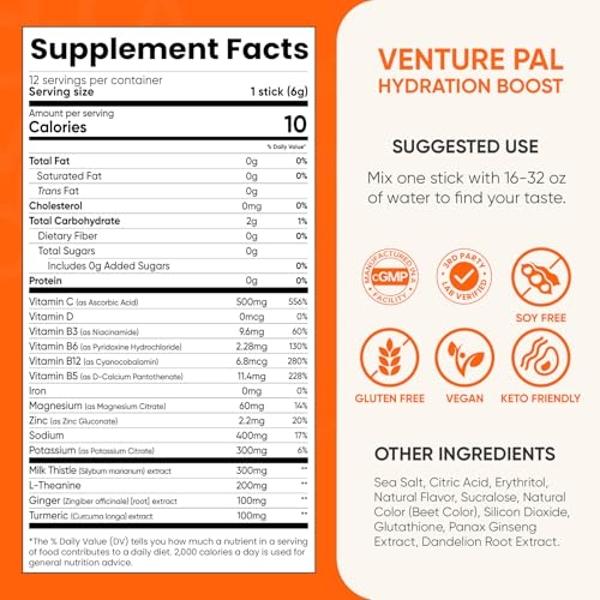 Venture Pal Sugar-Free Hydration Boost + Liver Support - Liquid Daily IV Hydration Packets | Electrolytes Drink Mix with 7 Electrolytes & 5 Vitamins, Milk Thistle | Keto Friendly |
