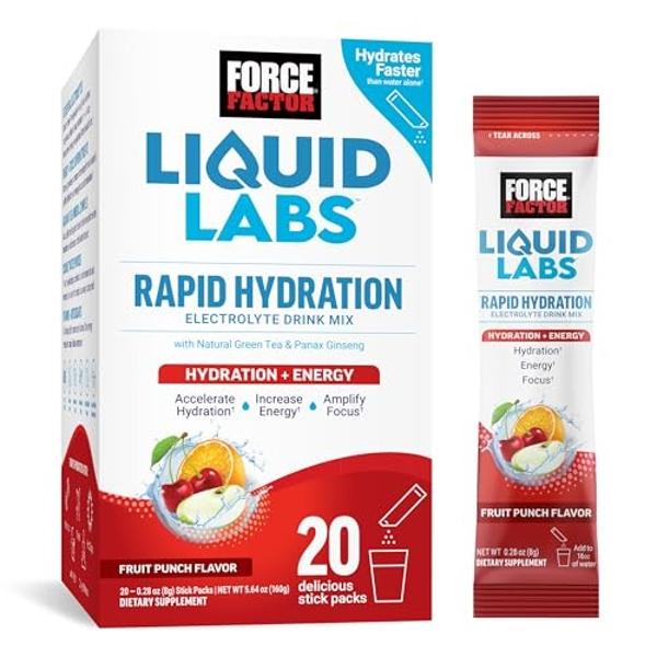 FORCE FACTOR Liquid Labs Energy Drink, Electrolytes Powder, Hydration Packets to Boost Energy & Focus, 5 Essential Electrolytes, Vitamins, Minerals, & Antioxidants, Fruit Punch Fla