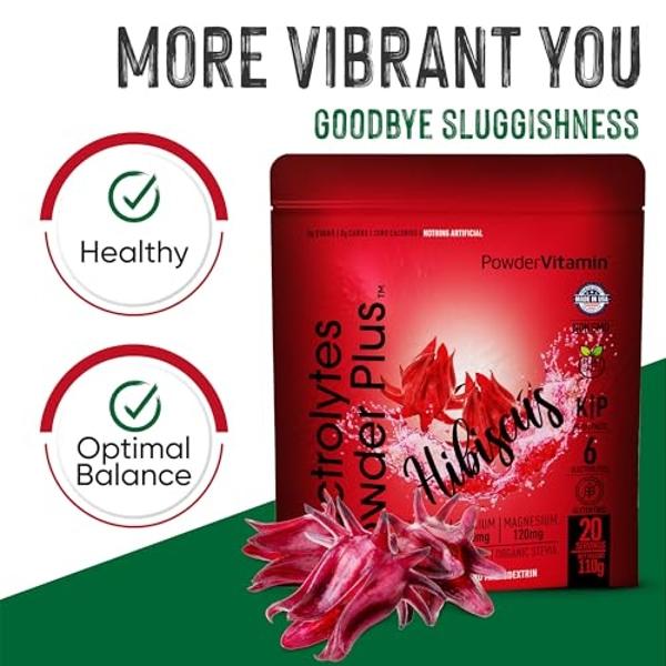 PowderVitamin Electrolytes Powder Plus (20 Servings) Hibiscus Electrolyte Powder, No Maltodextrin, Keto,Sugar Free,Pink Himalayan Salt,1000mg Potassium,120mg Calcium,120mg Magnesiu
