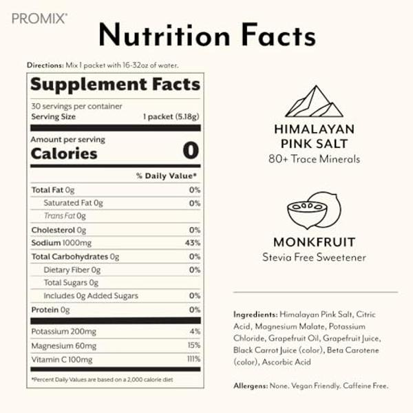 ProMix Nutrition Electrolytes Powder Hydration Packets | Himalayan Pink Salt, Magnesium, Potassium, Vitamin C | Sugar Free - 30 Count