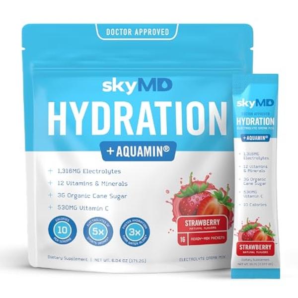 skyMD Strawberry Electrolyte Drink Packets | Fast-Acting Hydration Boost | Low-Sugar Formula for Energy & Recovery | Easy Mix for Water or Travel | 16 Single-Serve Sticks