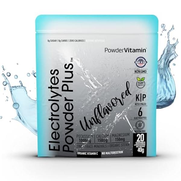 Electrolytes Powder Plus (20 Servings) Unflavored Electrolyte Powder Keto, Sugar Free, Pink Himalayan Salt.,1000mg Potassium,150mg Calcium,150mg Magnesium, Hydration Powder Organic