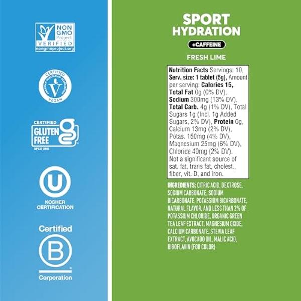 Nuun Sport Electrolyte Tablets with Caffeine from Green Tea Extract, Magnesium, Calcium, Potassium, Chloride & Sodium, Gluten Free & Vegan, Fresh Lime, 8 Pack (80 Servings Total)