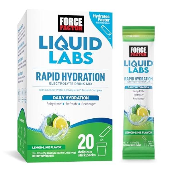 FORCE FACTOR Liquid Labs Electrolytes Powder Packets—Lemon Lime—Hydration Packets to Make Electrolyte Water with 5 Essential Electrolytes, Vitamins, Minerals, and Antioxidants, 20 