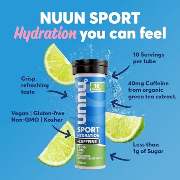 Nuun Sport Electrolyte Tablets with Caffeine from Green Tea Extract, Magnesium, Calcium, Potassium, Chloride & Sodium, Gluten Free & Vegan, Fresh Lime, 8 Pack (80 Servings Total)