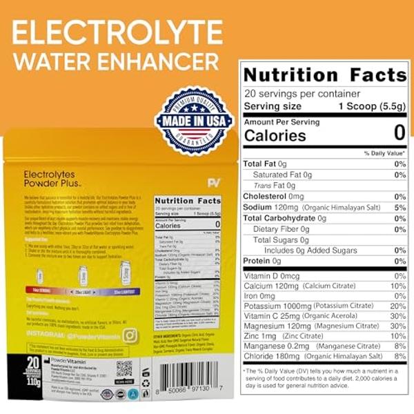 PowderVitamin Electrolytes Powder Plus (20 Servings) Tangerine Pineapple Electrolyte Powder Zero Calorie Keto,0Sugar,No Maltodextrin,1000mg Potassium,120mg Calcium,120mg Magnesium,