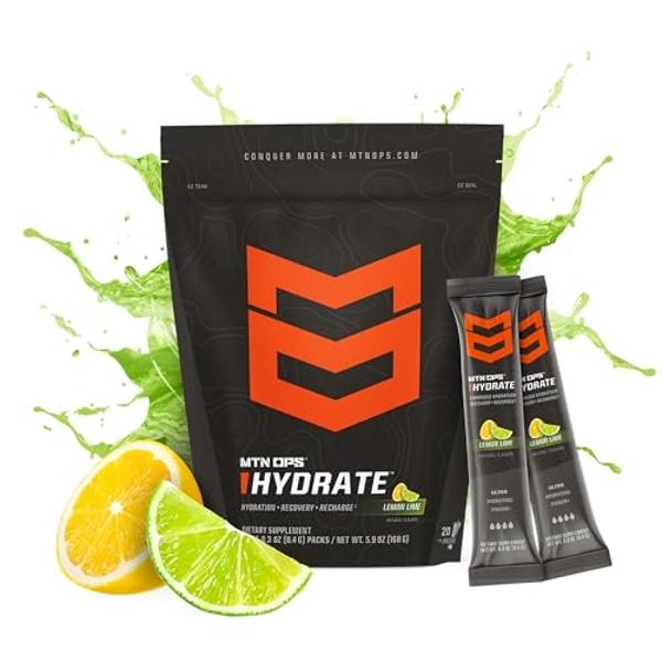 MTN OPS Hydrate Electrolytes Powder Drink Mix, 20 Single Serving On-The-Go Electrolyte Packs with Over 1000mg of Electrolytes per Serving, Lemon Lime