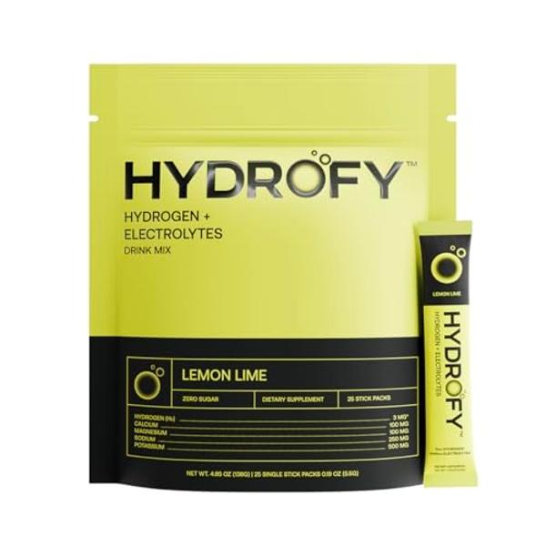 Hydrofy Hydrogen Water + Electrolytes Drink Mix | H2 Hydration Packets with Molecular Hydrogen, Sodium, Potassium, Magnesium, Calcium, and Minerals | No Sugar | Lemon Lime | 25 ct