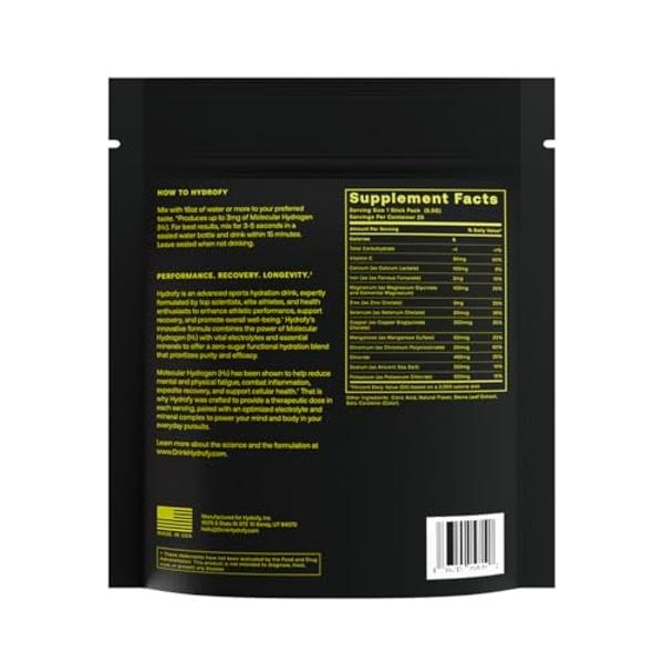 Hydrofy Hydrogen Water + Electrolytes Drink Mix | H2 Hydration Packets with Molecular Hydrogen, Sodium, Potassium, Magnesium, Calcium, and Minerals | No Sugar | Lemon Lime | 25 ct