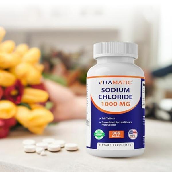 Vitamatic Sodium Chloride 1000mg – 365 Tablets Electrolyte Replenisher & Hydration Support – Non-GMO, Gluten-Free