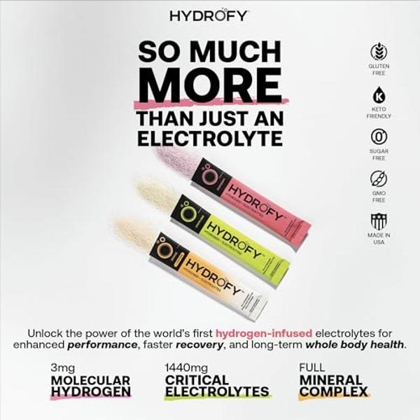 Hydrofy Hydrogen Water + Electrolytes Drink Mix | H2 Hydration Packets with Molecular Hydrogen, Sodium, Potassium, Magnesium, Calcium, and Minerals | No Sugar | Lemon Lime | 25 ct