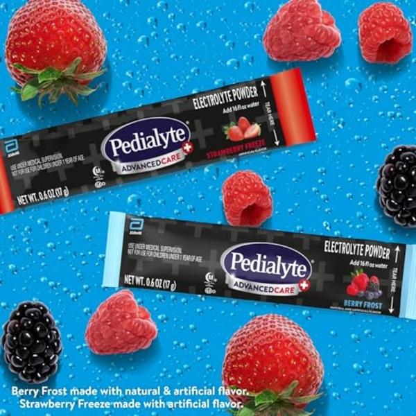 Pedialyte AdvancedCare Plus Electrolyte Powder, Has 33% More Electrolytes and PreActiv Prebiotics, Variety Pack: Berry Frost and Strawberry Freeze, 24 Powder Packets