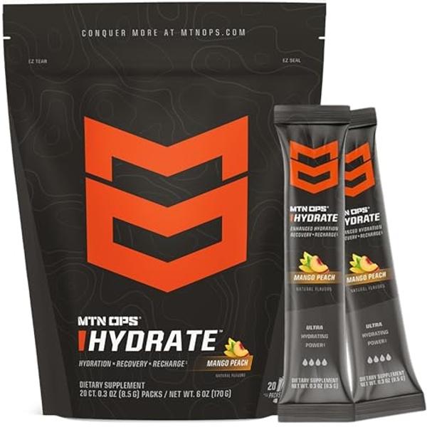 MTN OPS Hydrate Electrolytes Powder Drink Mix, 20 Single Serving On-The-Go Electrolyte Packs with Over 1000mg of Electrolytes per Serving, Mango Peach
