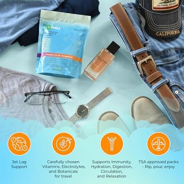 FlyWell Travel Vitamin Tonic for Flight, Jet Lag, Hydration, Circulation, Digestion & Immune Support, Promotes Calmness, Electrolyte Powder, Travel Essentials, Passion Fruit Tanger