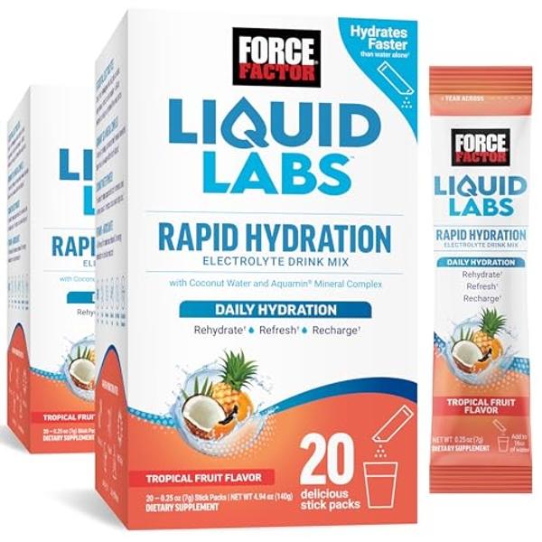 FORCE FACTOR Liquid Labs Electrolytes Powder, Hydration Packets to Make Electrolyte Water with 5 Essential Electrolytes, Vitamins, and Antioxidants, Tropical Fruit Flavor, 40 Stick