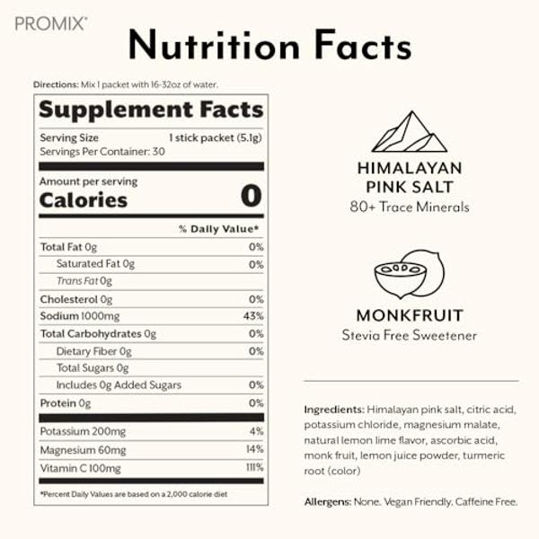 ProMix Nutrition Electrolytes Powder Packets - Sugar Free, Zero Calorie, Stevia Free, Fasting Friendly, Natural Himalayan Pink Salt - Lemon Lime - 30 Servings (Pack of 30)