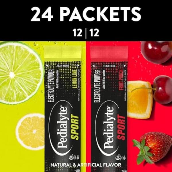 Pedialyte Sport Electrolyte Powder, Fast Hydration with 5 Key Electrolytes for Muscle Support Before, During, & After Exercise, 12 Lemon Lime & 12 Fruit Punch, 0.49-oz Packets (24 