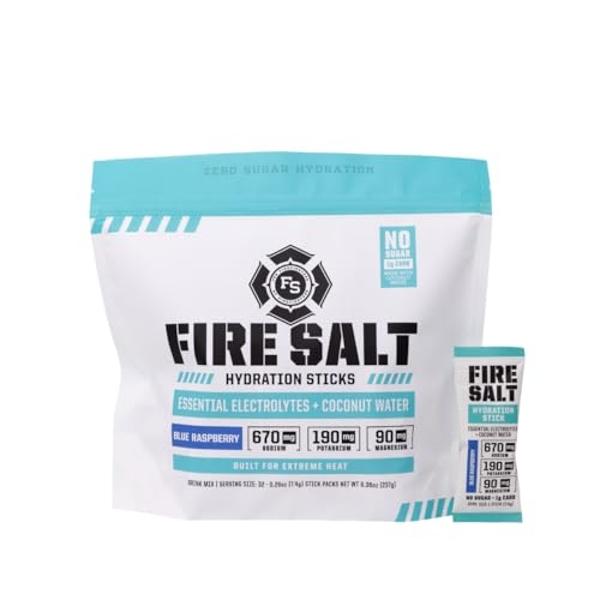 Fire Science Fire Salt Hydration Sticks, Electrolytes & Coconut Water, Hydration Drink Mix with Magnesium, Potassium & Sodium, Zero Sugar, Single Serve On the Go Packs, Blue Raspbe