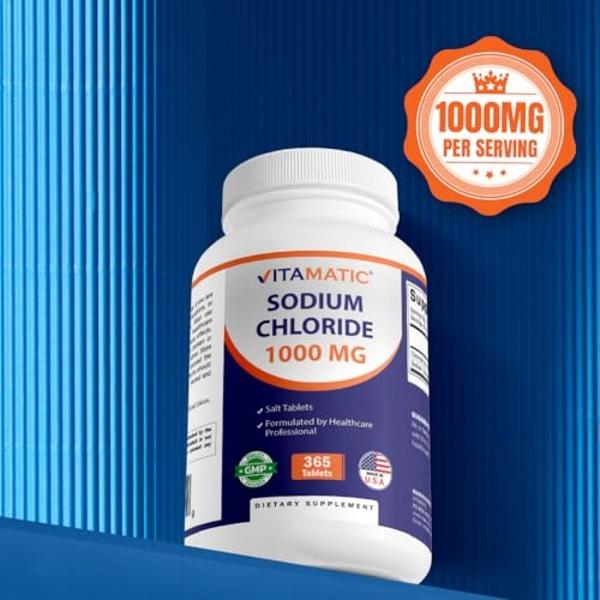Vitamatic Sodium Chloride 1000mg – 365 Tablets Electrolyte Replenisher & Hydration Support – Non-GMO, Gluten-Free
