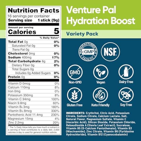 Venture Pal Sugar Free Electrolyte Powder Packets - Liquid Daily IV Hydration Packets for Rehydration | 5 Vitamins & 7 Electrolytes | Keto Friendly | Non-GMO | Vegan | 16 Sticks