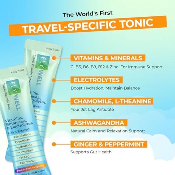 FlyWell Travel Vitamin Tonic for Flight, Jet Lag, Hydration, Circulation, Digestion & Immune Support, Promotes Calmness, Electrolyte Powder, Travel Essentials, Passion Fruit Tanger
