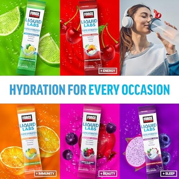 FORCE FACTOR Liquid Labs Electrolytes Powder, Hydration Packets to Make Electrolyte Water with 5 Essential Electrolytes, Vitamins, and Antioxidants, Tropical Fruit Flavor, 40 Stick