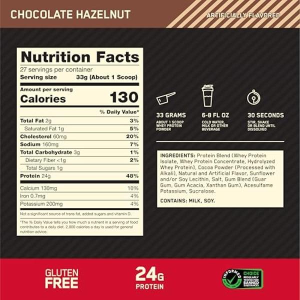 Optimum Nutrition Gold Standard 100% Whey Protein Powder, Chocolate Hazelnut, 2 Pound (Packaging May Vary)