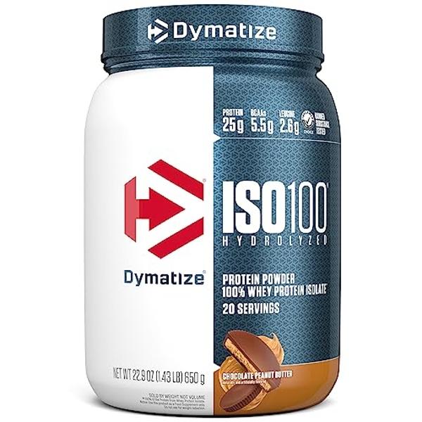 Dymatize ISO100 Whey Protein Powder Isolate, Chocolate Peanut Butter, 25g of Protein, 20 Servings, 5.5g BCAAs, Less Than 120 Cal., Gluten Free, 1g Fat, 1g Sugar, 2g Carb