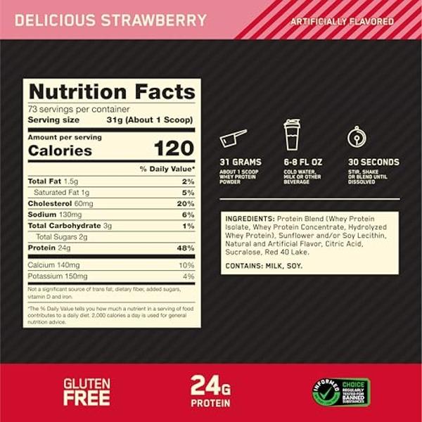 Optimum Nutrition Gold Standard 100% Whey Protein Powder, Delicious Strawberry, 5 Pound (Packaging May Vary)