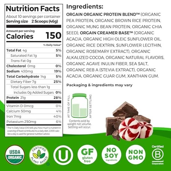 Orgain Organic Vegan Protein Powder, Peppermint Hot Cocoa Holiday Flavor - 21g of Plant Protein, 5g Prebiotic Fiber, No Lactose Ingredients, No Added Sugar, Non-GMO, For Shakes & S