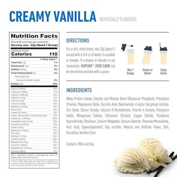 Isopure Zero Carb 100% Pure Whey Isolate Protein Powder, Lactose Free, Gluten Free, With Vitamins, Creamy Vanilla, 25g Protein Per Serving, 4.5 Lbs, 66 Servings (Packaging May Vary