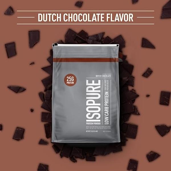 Isopure Low Carb 100% Pure Whey Isolate Protein Powder, Lactose Free, Gluten Free, With Vitamins, Dutch Chocolate, 25g Protein Per Serving, 7.5 Lbs, 103 Servings (Packaging May Var