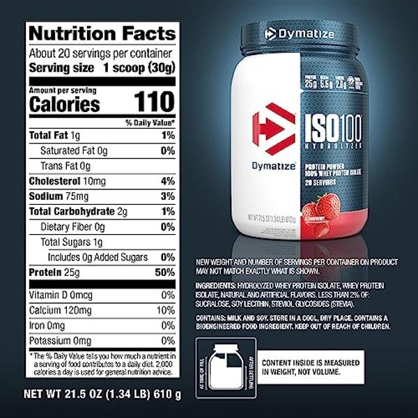 Dymatize ISO100 Whey Protein Powder Isolate, Strawberry, 25g of Protein, 20 Servings, 5.5g BCAAs, Less Than 120 Cal., Gluten Free, 1g Fat, 1g Sugar, 2g Carb