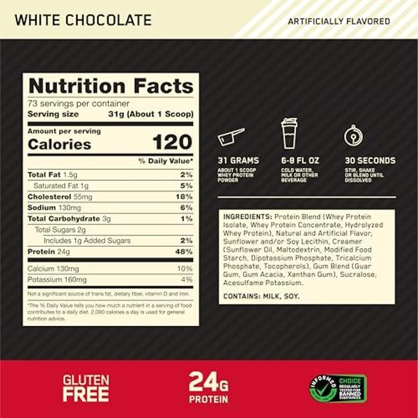 Optimum Nutrition Gold Standard 100% Whey Protein Powder, White Chocolate, 5 Pound (Packaging May Vary)