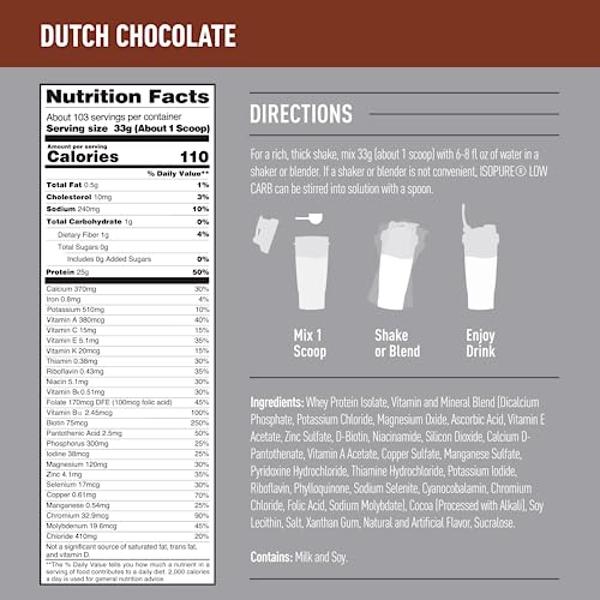 Isopure Low Carb 100% Pure Whey Isolate Protein Powder, Lactose Free, Gluten Free, With Vitamins, Dutch Chocolate, 25g Protein Per Serving, 7.5 Lbs, 103 Servings (Packaging May Var