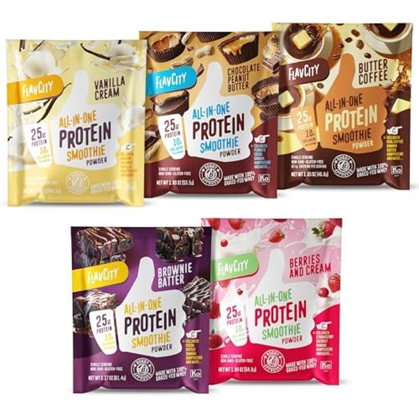 FlavCity Grass Fed Whey Protein Powder - Variety Pack - 25g Protein & 10g Collagen - 5 Single Serve Packets - Made with Organic Reishi & Cordyceps - Gluten Free & No Added Sugars