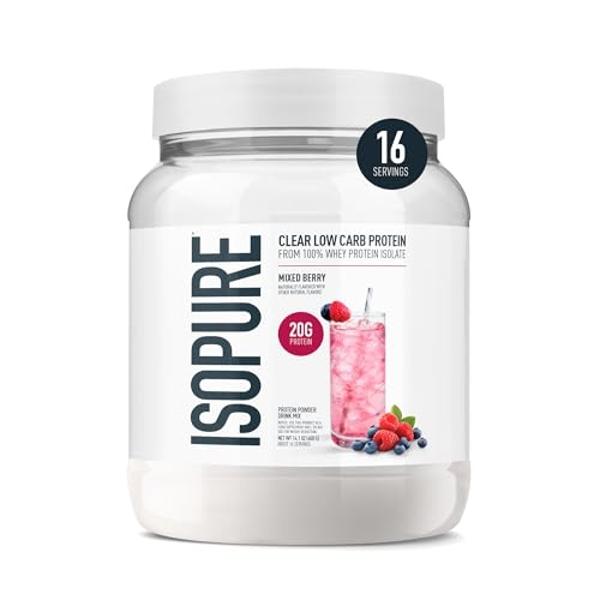 Isopure Clear Whey Isolate Protein Powder Infusions, Lactose Free, Gluten Free, Naturally Flavored, Mixed Berry, 20g Protein Per Serving, 14.1 Oz, 16 Servings (Packaging May Vary)