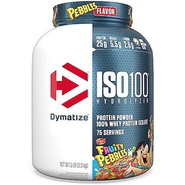 Dymatize x Fruity Pebbles ISO100 Whey Protein Powder Isolate, 25g of Protein, 75 Servings, 5.5g BCAAs, 120 Cal., Gluten Free, 1g Fat, 1g Sugar, 2g Carb