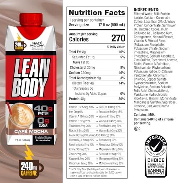Lean Body Ready-to-Drink Café Mocha Protein Shake, 240mg Caffeine, 40g Protein, Whey Blend, 0 Sugar, Gluten Free, 22 Vitamins & Minerals, (Recyclable Carton & Lid - Pack of 12) LAB
