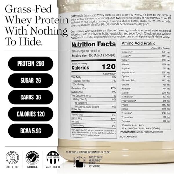 NAKED WHEY 5LB 100% Grass Fed Unflavored Whey Protein Powder - Only 1 Ingredient, Undenatured - No GMO, Soy or Gluten - No Preservatives - Promote Muscle Growth and Recovery - 76 S